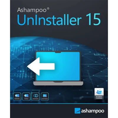 alt=Promotional image for "Ashampoo Uninstaller 15" software featuring a laptop and uninstall arrow.