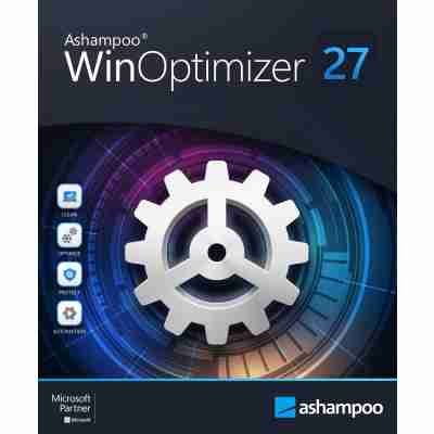 alt=Software cover art for "Ashampoo WinOptimizer 27" with a large gear symbol and Microsoft Partner logo.
