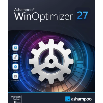alt=Software cover art for "Ashampoo WinOptimizer 27" with a large gear symbol and Microsoft Partner logo.