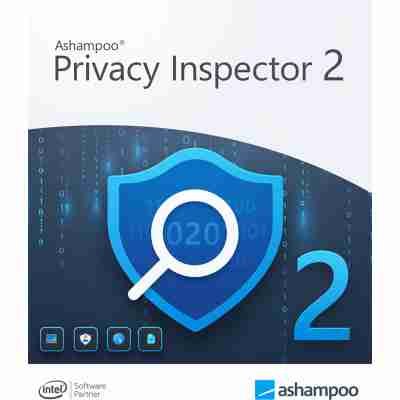 alt=Digital poster of Ashampoo Privacy Inspector 2 with shield icon, magnifying glass, and binary code background.