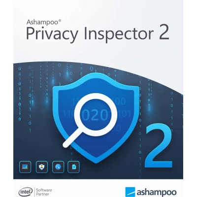 alt=Digital poster of Ashampoo Privacy Inspector 2 with shield icon, magnifying glass, and binary code background.