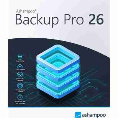 alt=Ad for Ashampoo Backup Pro 26 software with stylized layer icon and feature icons on a blue circuit background.