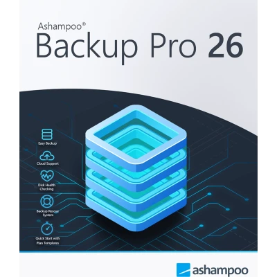 alt=Ad for Ashampoo Backup Pro 26 software with stylized layer icon and feature icons on a blue circuit background.