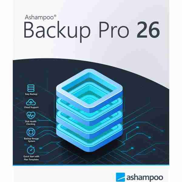 alt=Ad for Ashampoo Backup Pro 26 software with stylized layer icon and feature icons on a blue circuit background.