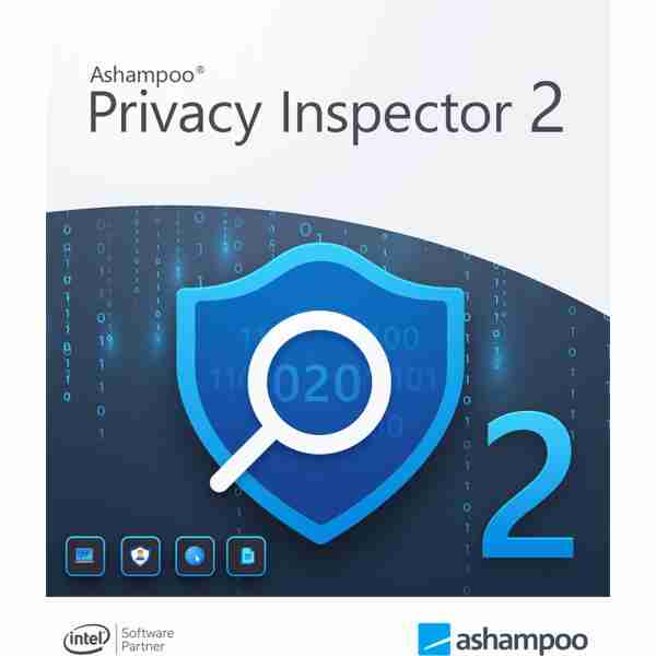alt=Digital poster of Ashampoo Privacy Inspector 2 with shield icon, magnifying glass, and binary code background.