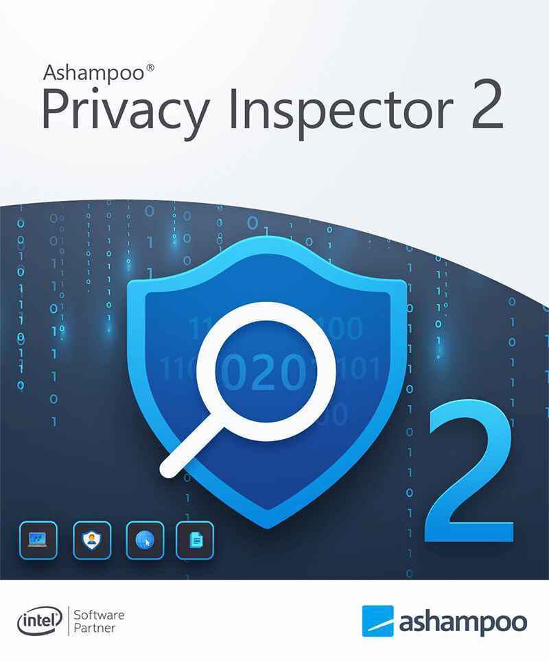alt=Digital poster of Ashampoo Privacy Inspector 2 with shield icon, magnifying glass, and binary code background.
