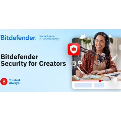 alt=A person wearing headphones is taking notes while working at a desk, with promotional text for Bitdefender's cybersecurity services.
