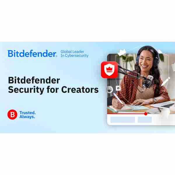 alt=A person wearing headphones is taking notes while working at a desk, with promotional text for Bitdefender's cybersecurity services.