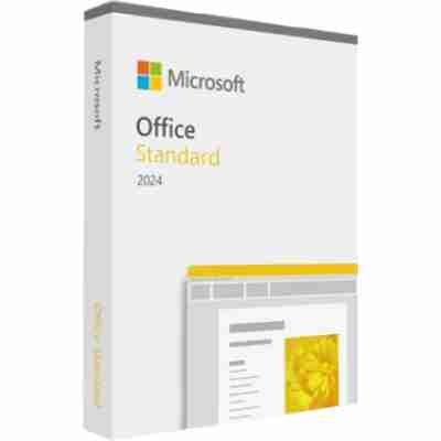 alt=Box of Microsoft Office Standard 2024, featuring a minimalist design with Microsoft logo and a yellow floral image on the side.