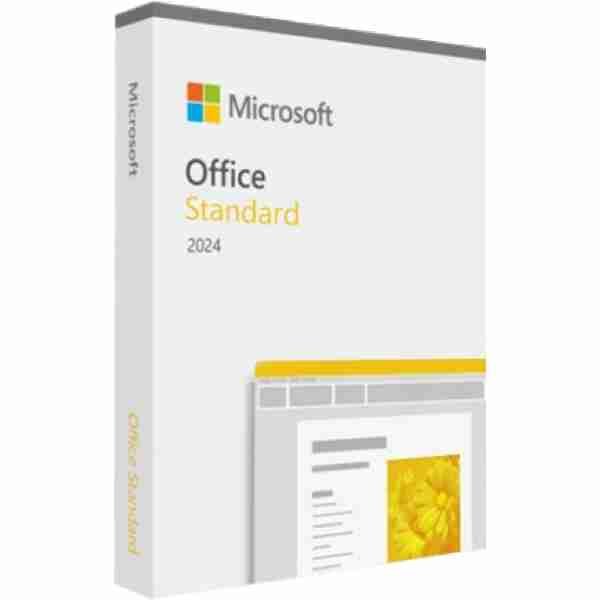 alt=Box of Microsoft Office Standard 2024, featuring a minimalist design with Microsoft logo and a yellow floral image on the side.
