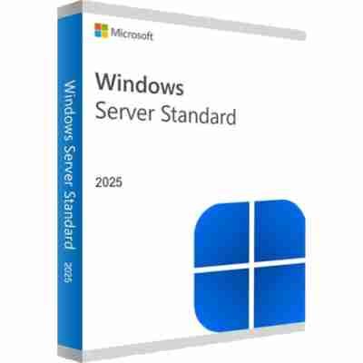 alt=Box of "Windows Server Standard 2025" software by Microsoft with a blue logo.