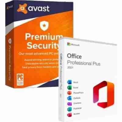 alt=Avast Premium Security and Office Professional Plus software displayed on a computer screen, showcasing advanced protection and productivity tools.