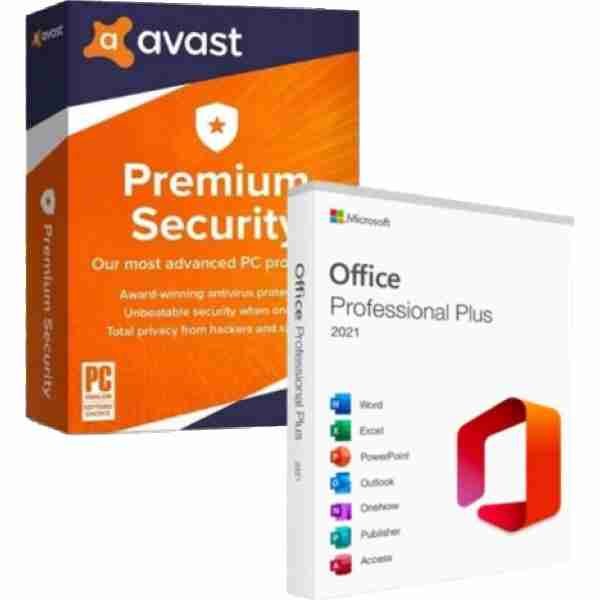 alt=Avast Premium Security and Office Professional Plus software displayed on a computer screen, showcasing advanced protection and productivity tools.