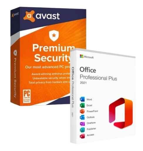 alt=Avast Premium Security and Office Professional Plus software displayed on a computer screen, showcasing advanced protection and productivity tools.