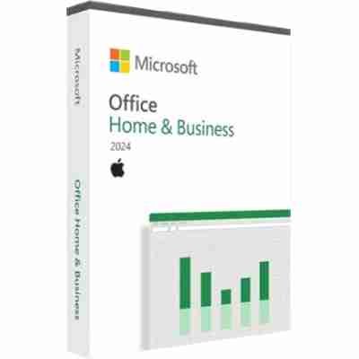 alt=Box of Microsoft Office Home & Business 2024 software with Apple logo.