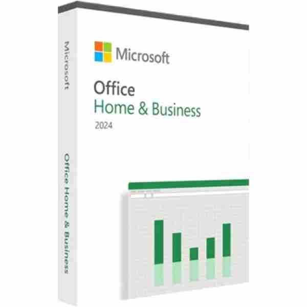 alt=Box of Microsoft Office Home & Business 2024 software with logo and bar chart graphic.
