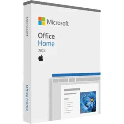 alt=A 3D software box for Microsoft Office Home 2024 with an Apple logo.