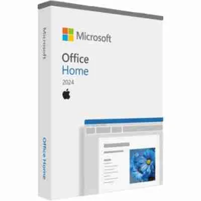 alt=A 3D software box for Microsoft Office Home 2024 with an Apple logo.
