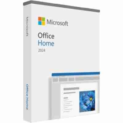 alt=Microsoft Office Home 2024 software package box with logo and design preview.