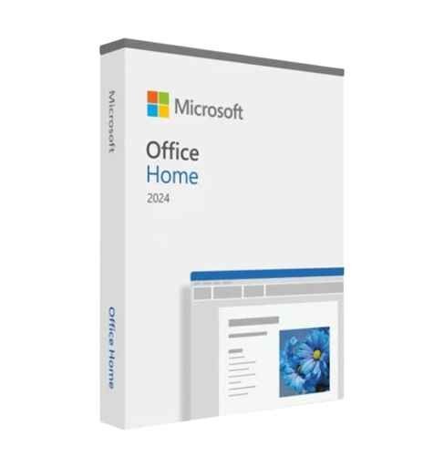 alt=Microsoft Office Home 2024 software package box with logo and design preview.