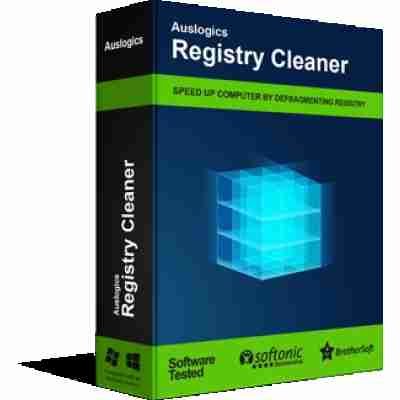 alt=3D software box for Auslogics Registry Cleaner with the tagline "Speed up computer by defragmenting registry."