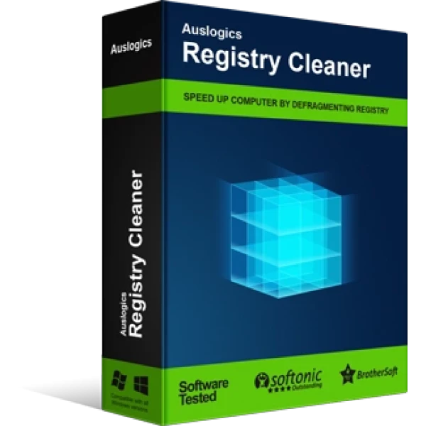alt=3D software box for Auslogics Registry Cleaner with the tagline "Speed up computer by defragmenting registry."