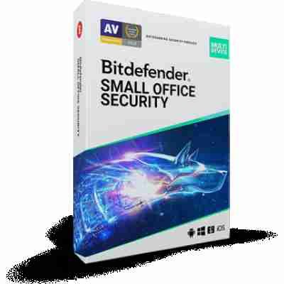 alt=A 3D software box for Bitdefender Small Office Security with a digital blue shield graphic.