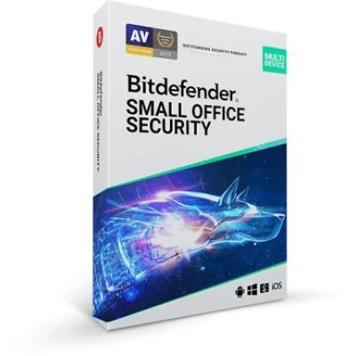 alt=A 3D software box for Bitdefender Small Office Security with a digital blue shield graphic.