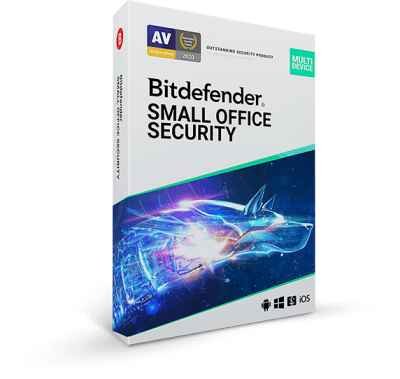 alt=A 3D software box for Bitdefender Small Office Security with a digital blue shield graphic.