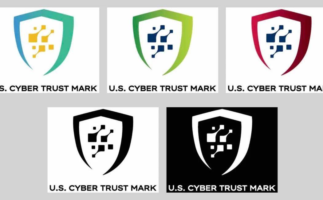 alt=Six versions of a U.S. Cyber Trust Mark logo with varying color schemes.