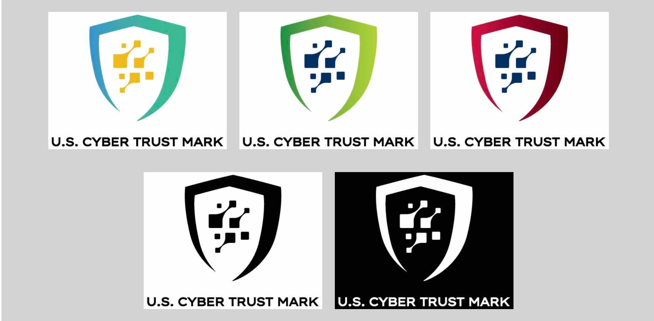 alt=Six versions of a U.S. Cyber Trust Mark logo with varying color schemes.
