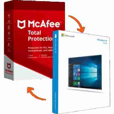 alt=Box of McAfee Total Protection software next to a Windows 10 box, connected by an orange arrow against a black background.
