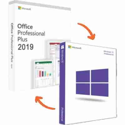 alt=Boxes of Microsoft Office Professional Plus 2019 and Windows 10 Professional software.