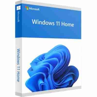 alt=A boxed software package of Microsoft Windows 11 Home with a blue logo.