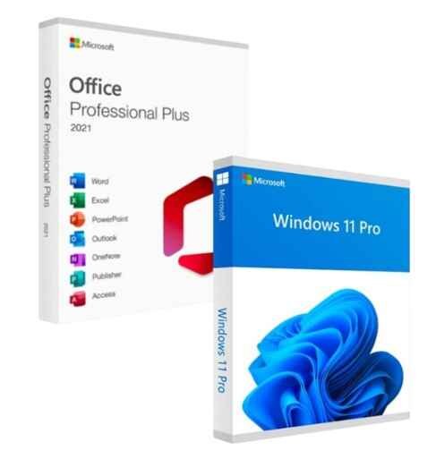 alt=Software boxes for Microsoft Office Professional Plus 2021 and Windows 11 Pro.