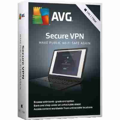 alt=Box packaging for AVG Secure VPN, featuring a laptop screen displaying secure browsing options and a tagline emphasizing safety.