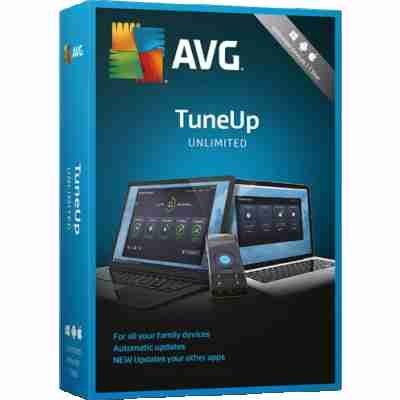 alt=Packaging for AVG TuneUp Unlimited software, featuring a blue design with a logo, devices, and text highlighting its features.