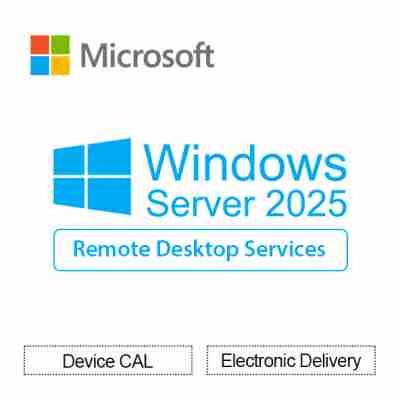 alt=Microsoft Windows Server 2025 logo featuring Remote Desktop Services, with options for Device CAL and electronic delivery.