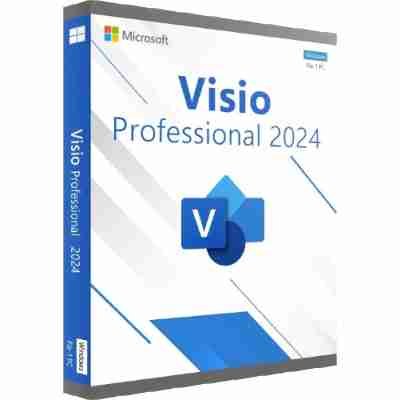 Alt=Software box for Microsoft Visio Professional 2024, featuring a blue design and logo, suitable for Windows on one PC.