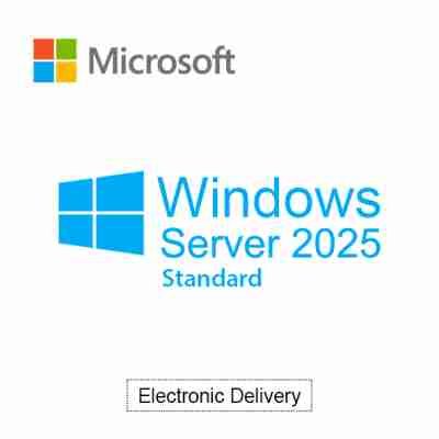alt=Microsoft logo above "Windows Server 2025 Standard" in blue, with a note indicating "Electronic Delivery" at the bottom.