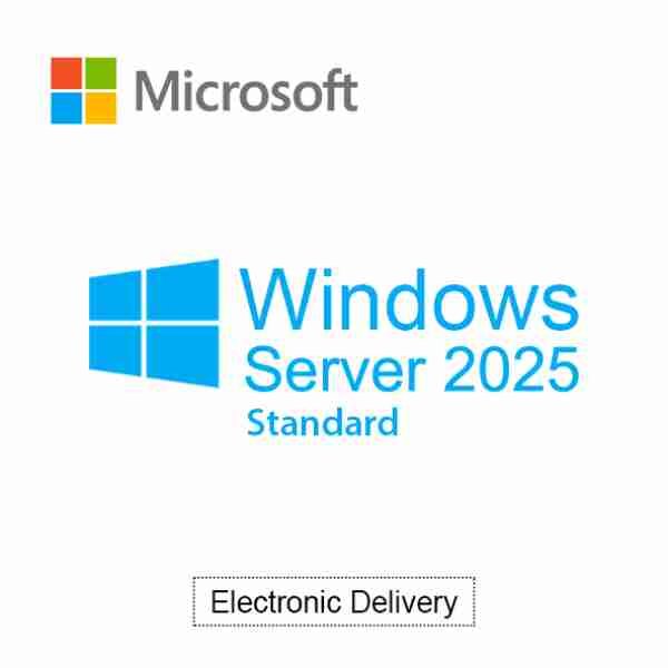 alt=Microsoft logo above "Windows Server 2025 Standard" in blue, with a note indicating "Electronic Delivery" at the bottom.