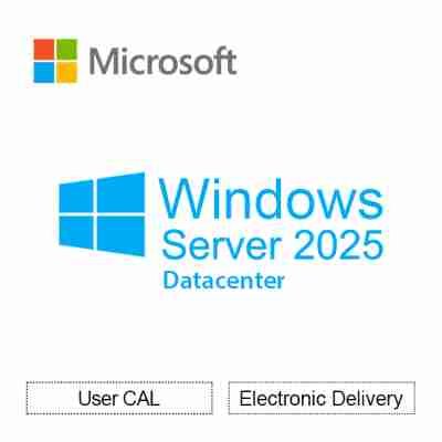 alt=Microsoft logo with "Windows Server 2025 Datacenter" text, featuring options for User CAL and electronic delivery at the bottom.