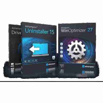 alt=Three software boxes from Ashampoo: DriveSnap, UnInstaller 15, and WinOptimizer 27, showcasing system optimization tools.