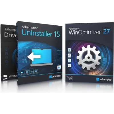 alt=Three software boxes from Ashampoo: DriveSnap, UnInstaller 15, and WinOptimizer 27, showcasing system optimization tools.