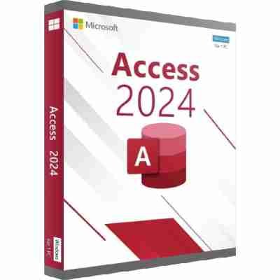 alt=Microsoft Access 2024 software box, featuring a red design, database icon, and the label "Windows für 1 PC."