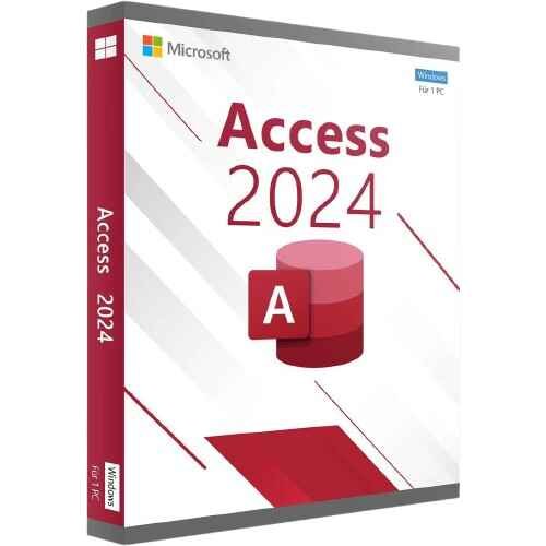 alt=Microsoft Access 2024 software box, featuring a red design, database icon, and the label "Windows für 1 PC."