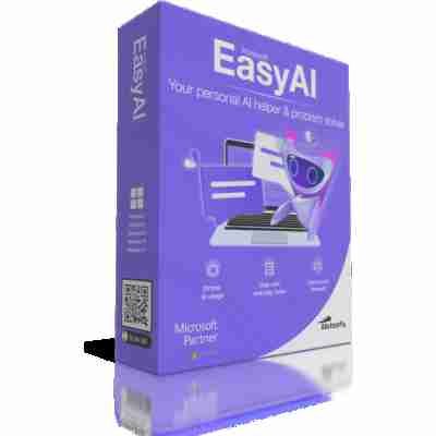alt=Image of Abelsoft EasyAI software box, featuring a sleek design with a computer graphic and text highlighting its features as a personal AI assistant.