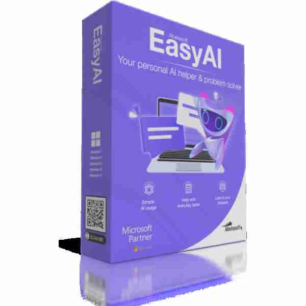 alt=Image of Abelsoft EasyAI software box, featuring a sleek design with a computer graphic and text highlighting its features as a personal AI assistant.