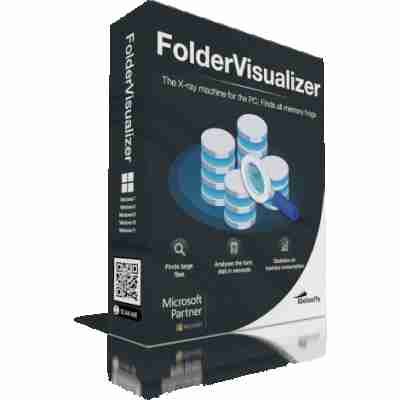 alt=3D box for FolderVisualizer software, featuring a magnifying glass over stacked disks and text highlighting its features and Microsoft partnership.