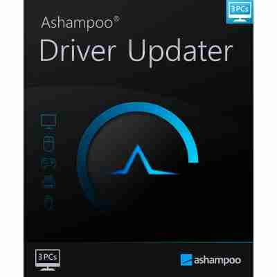alt=Ashampoo Driver Updater software box design featuring a blue circular logo, with icons for various devices. Designed for 3 PCs.